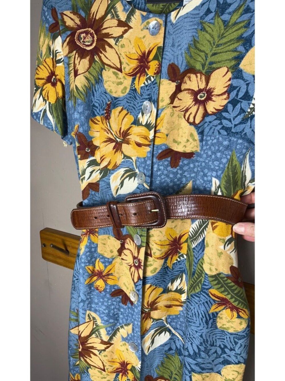 Vtg 80s Dress Linen Blue Tropical Floral Midi Button Artsy Boho Festival Women 6 - Picture 3 of 11
